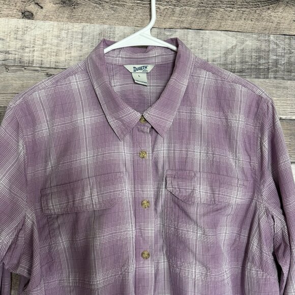 Duluth Trading Co Shirt Womens L Button Up Purple Plaid Chest Pockets Outdoors - Picture 3 of 9